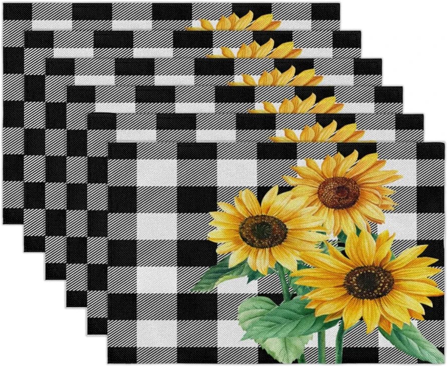 Sunflower Buffalo Plaid Placemat Set of 6 Black and White Check Washable Place Mats for Dinner Table Heat Resistant Table Mats for Party Kitchen Dining Decoration