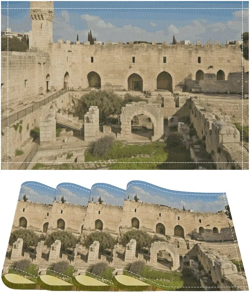 Placemats Set of 6 Heat Resistant Table Mats Israel at The Tower of David Place Mats for Dining Table Non-Slip Desktop Protection Mat Wipeable Placemats Desk Pad for Kitchen