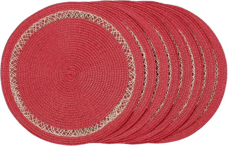 AHHFSMEI Round Paper and Jute Braided Placemats Set of 8 Non-Slip Heat Resistant Table Mats for Dining Tables Indoor & Outdoor Place mats for Daily Use (Red,8)