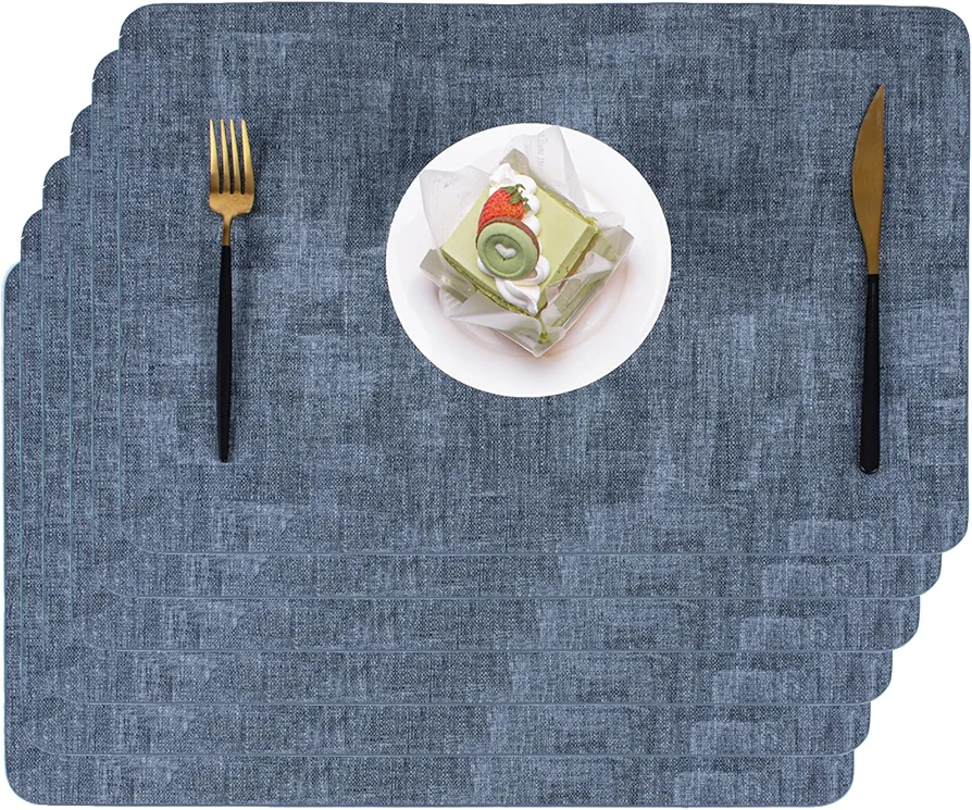 Faux Leather Place Mats for Dining Tables, Heat Resistant Placemats Set of 6 Washable Wipeable, Waterproof, Stain Resistant, Table Mats for Kitchen and Decor (Dark Blue Rectangle B, 6pcs)