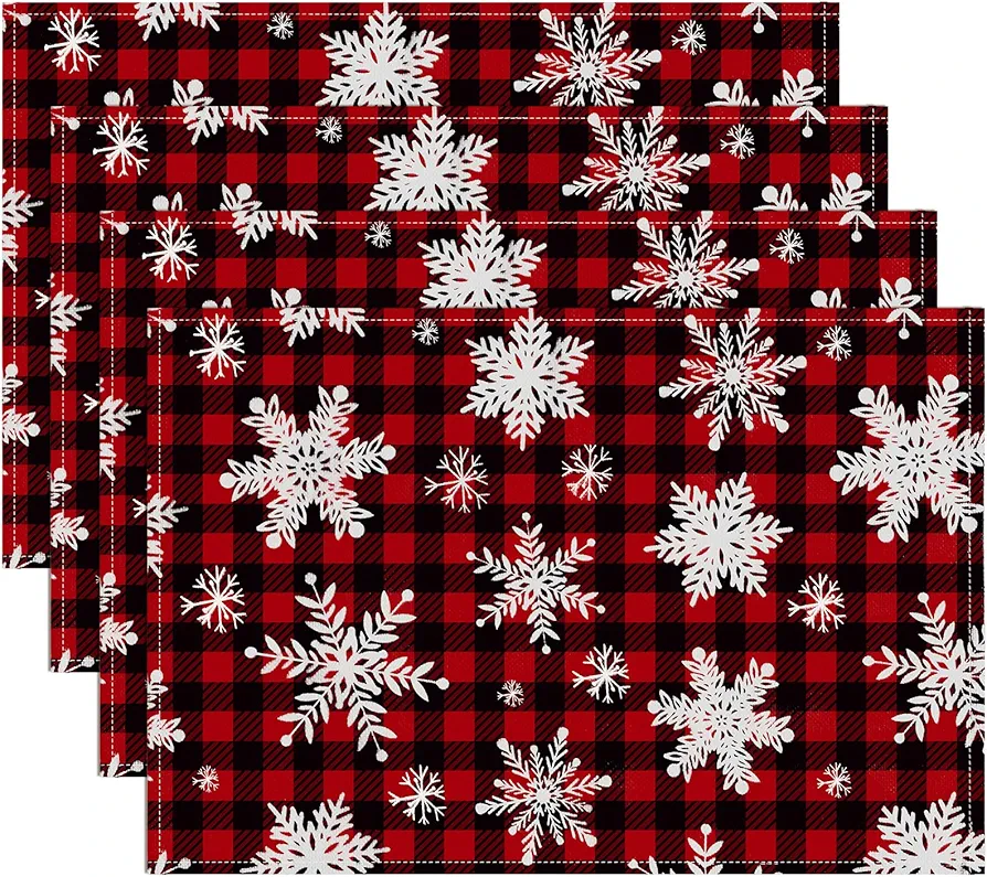 Maxpearl Buffalo Plaid Christmas Placemats Set of 4, Winter Holiday Thanksgiving Snowflake Table Mats - Heat, Wear Resistant Place Mats for Kitchen Dining Table Decorations, 18 × 12 Inch