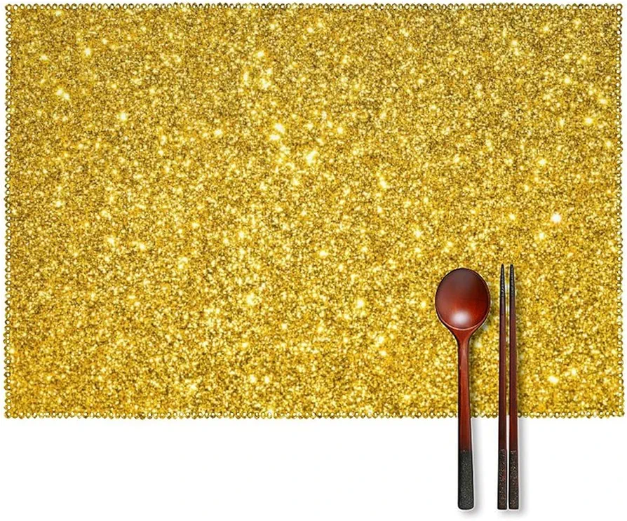 Placemats Set of 6, Washable Non Slip Placemats, Decor Heat Resistant Table Mats for Party Kitchen Dining Compatible with Beautiful Gold Bling Glitter Sparkles Pattern, 17.7×11.8in