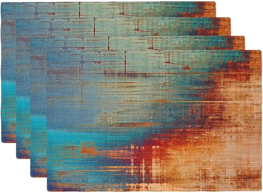 Blue and Orange Vintage Abstract Placemats Set of 4 Messy Rust Painting Linen Washable Placemat Modern Grunge Art Kitchen Dining Heat-Resistant Place Mats Desktop Decor Table Mats 12x18 Inch