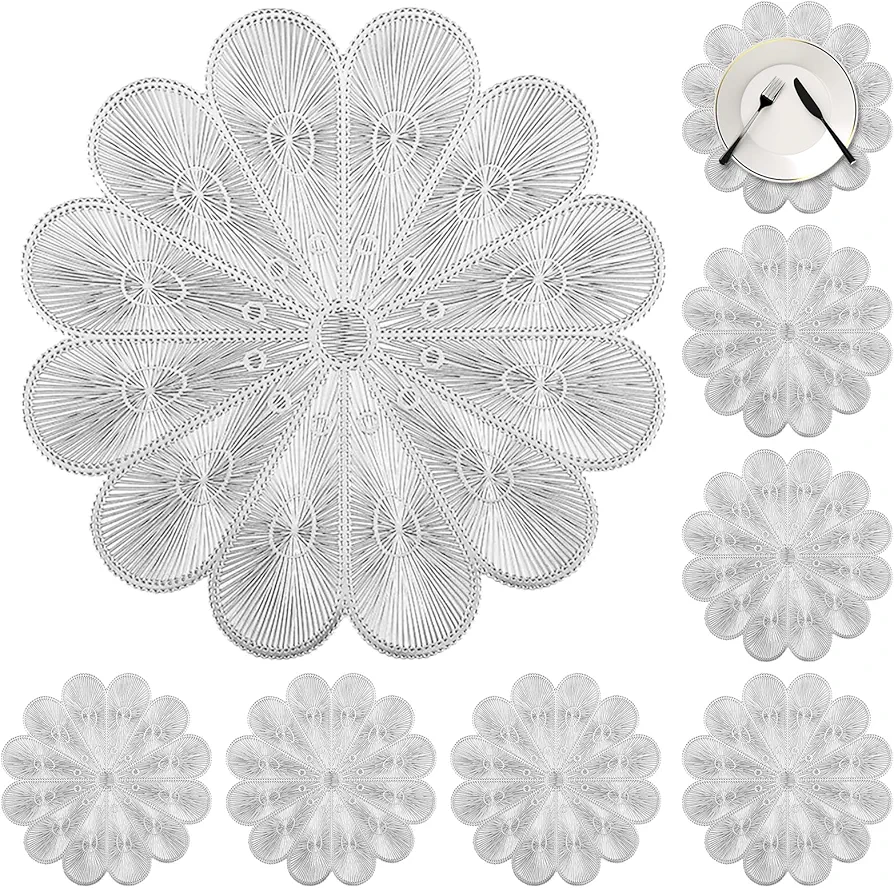 Silver Flower Placemats Set of 8, Spring Placemats Easter Summer Hollow Out Tablemats Heat-Resistant for Kitchen Dining Holiday Wedding Party Table Decoration 15inch