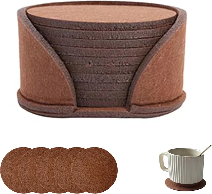 10 Pcs Felt Coasters with Holder, Coasters for Drinks Absorbent, Cup Mat Desk Coaster for Drinks Bar Home Coffee Table Decor Heat Resistant Tabletop Protection, 4Inch (Brown)