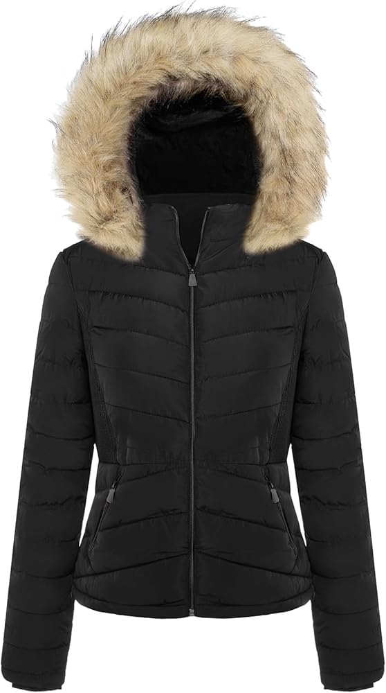 BodiLove Women's Belted Down Puffer Jacket with Faux Fur Trim HoodÉ