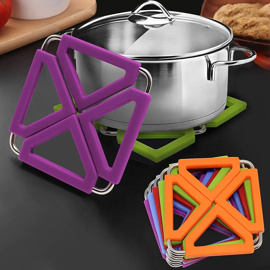 Set of 5 Silicone Trivet Mat Expandable Hot Pot Holder with Stainless Steel Frame for Home Kitchen Heat Resistant Insulated Hot Pads Coasters Table Dish Mat Tableware Placemat for Hot Pans Bowls