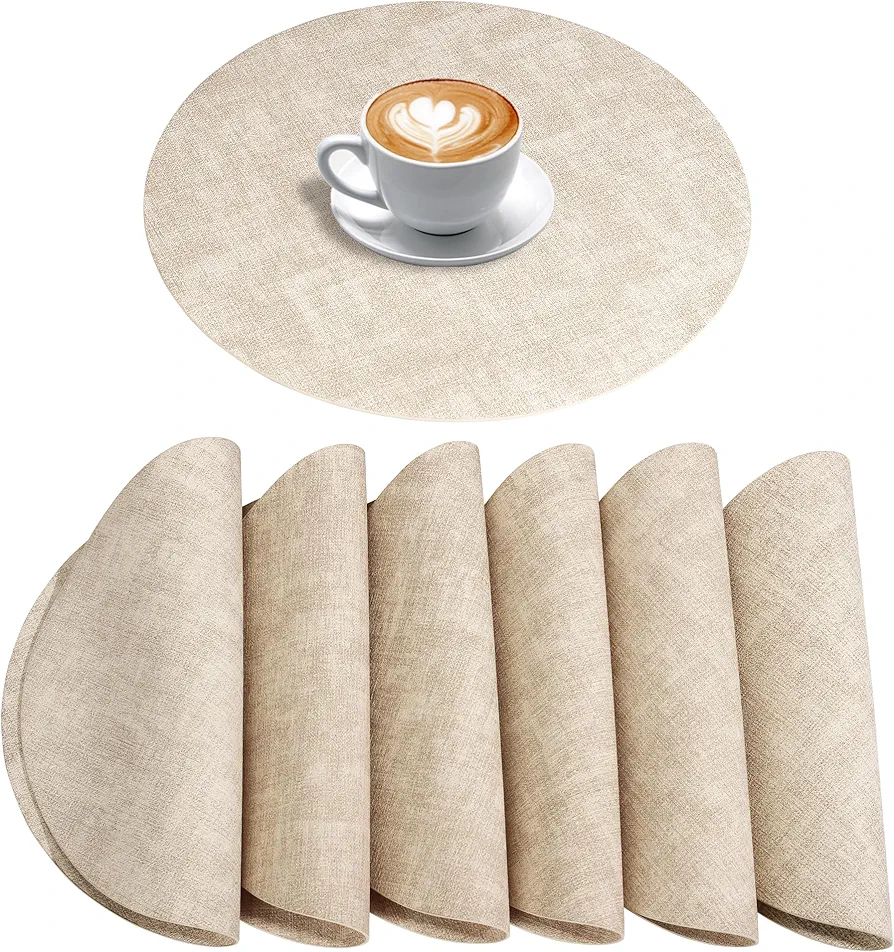 Round Placemats Set of 6, Reversible Faux Leather Place Mats Indoor Vinyl Table Mats Washable Wipeable Easy to Clean Heat Resistant Circle Placemats Outdoor Kitchen Dining Waterproof (Beige)