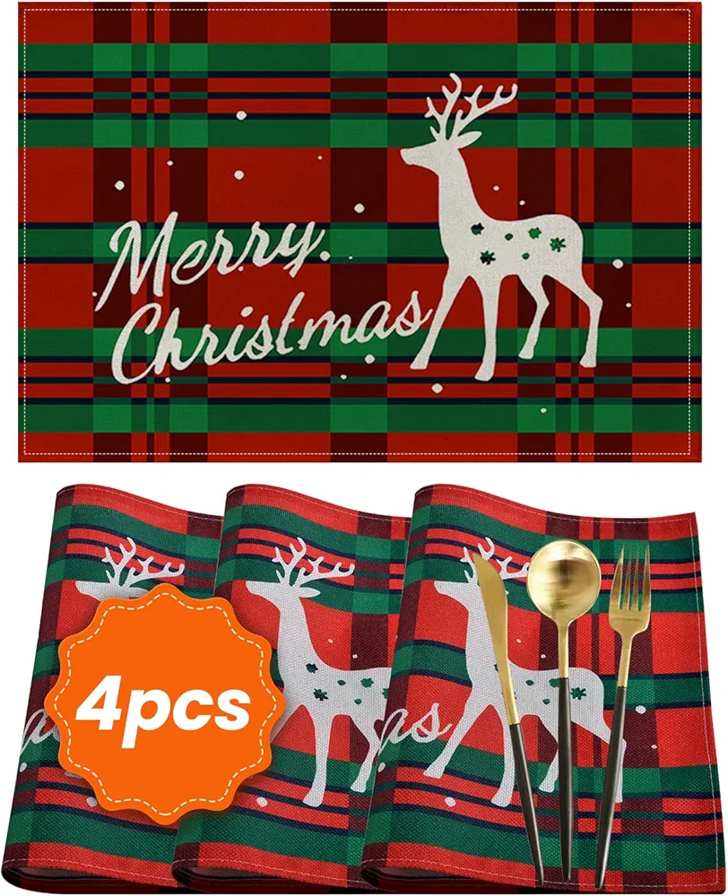 Christmas Placemats Set of 4 Cloth Placemats, 12 x 18 Inch Christmas Decorations Mat Indoor for Dining Table Heat Resistant Kitchen Holiday Non-Slip Table Mats