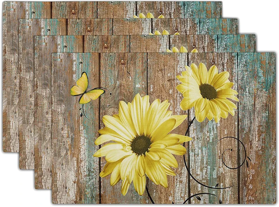 Giwawa Rustic Daisy Placemats Set of 4- Yellow Sunflowers Vintage Wood Board Linen Place Mat- Farmhouse Wooden Floral Non Slip Heat Resistant Table Mats for Kitchen Dining Cabin Lodge Decor