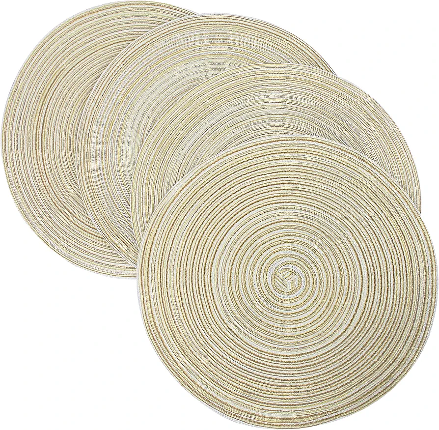 15 Inch Round Braided Placemats, Washable Non-Slip Heat Resistant Table Mats Cotton Polyester Table Decoration for Kitchen Dining Table(Beige, 4PCS)