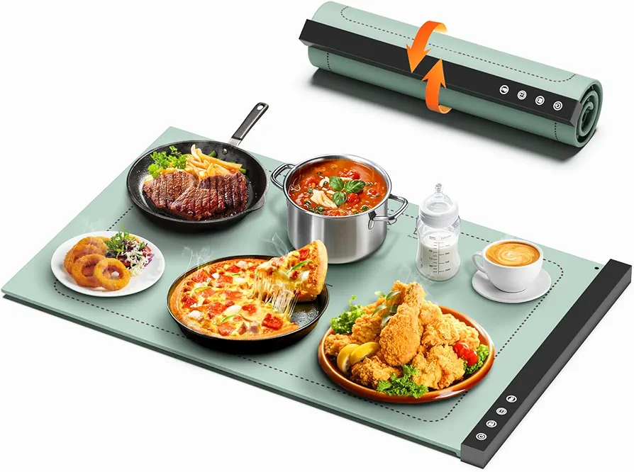 Warming Mat for Food - Full Surface Rapid Heating, Rollable & Portable Food Warmer Mat with 6 Temperature Settings and 1-4 hours adjustable Timer, Silicone Heating Mat for Party Buffet (Grayish green)