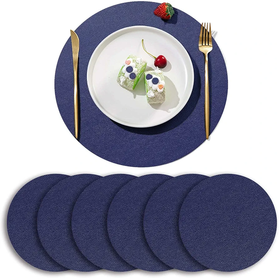 6Pack Faux Leather Placemats Set, Blue Round PU Dinning Table Mats, Wipeable Easy to Clean Stain Resistant Heat Resistant Waterproof Place Mats Durable Plate Mats Nordic Style (Navy Blue)