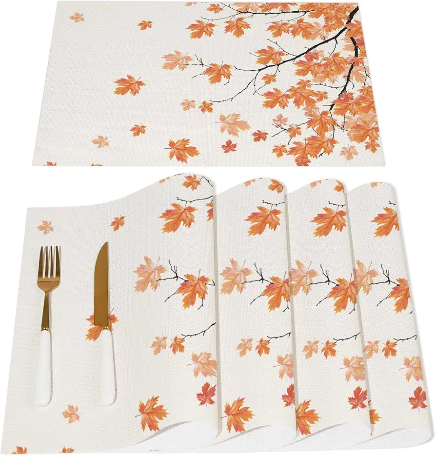 Fall Placemats Set of 4 Thankgiving Maple Leaves Waterproof Plastic PVC Table Mats Heat Resistant Place Mats Autumn Holiday Home Kitchen Dining Decor 12x18 Inch