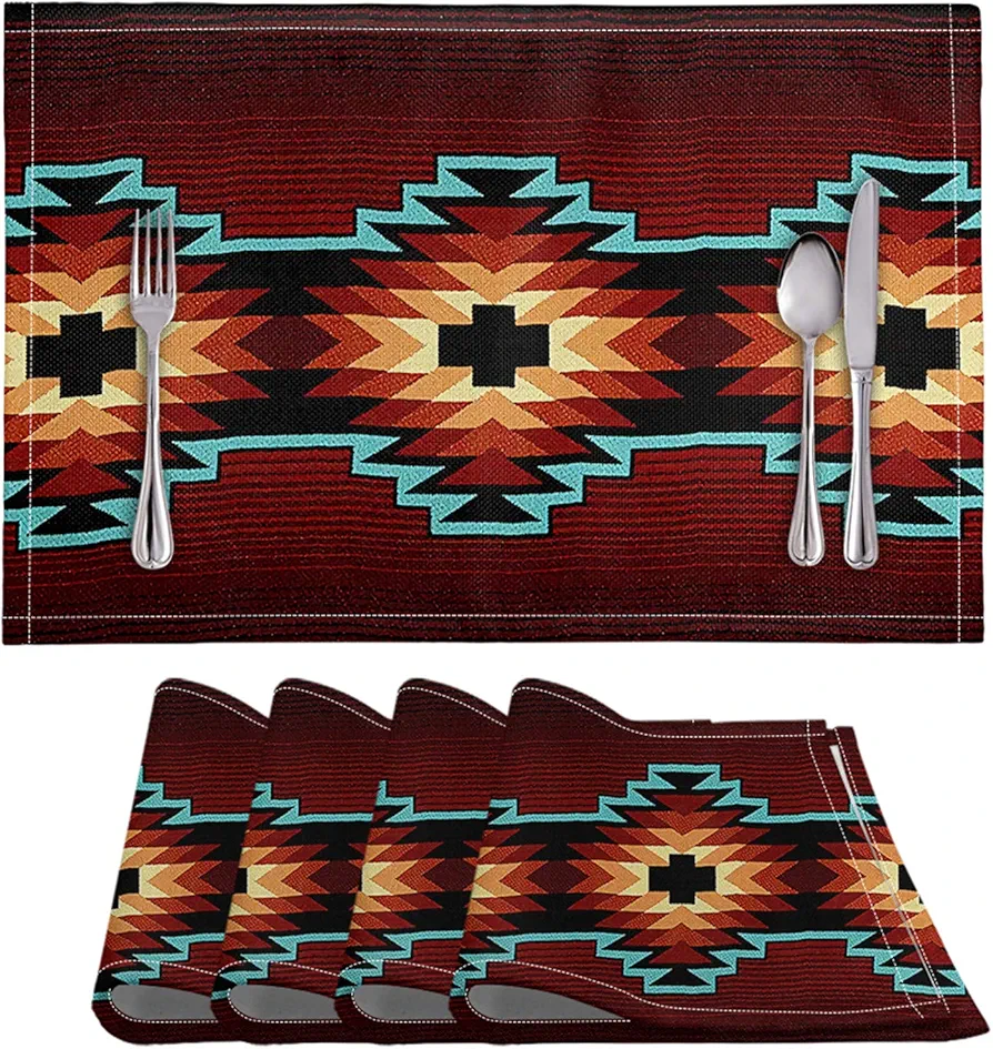 SEANATIVE Aztec Tribe Placemats, Set of 4 Heat-Resistant Placemats Stain Resistant Anti-Skid Placemats for Kitchen Table, Washable Durable PVC Table Mats Woven Vinyl Placemats