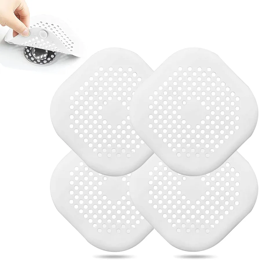 SUNIYA Shower Drain Hair Catcher, Shower Drain Covers Silicon, Tub Drain Hair Catcher, Hair Drain Catcher Easy to Install and Clean for Shower Drain Kitchen Tub Bathroom (4 White with Suction Cup)