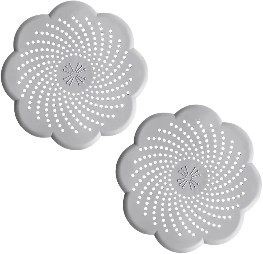 Hair Catcher Shower Drain Strainer Cover Protector Filter Flat Sturdy Silicone Hair Stopper with Suction Cup Mesh for Bathroom Bath Tub Bathtub Kitchen Sink Laundry Grey Flower 2 Pack