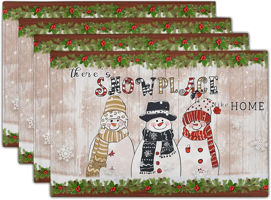 Winter Snowman Placemats Set of 4, Snowflake Pine Cone Place Table Mats Farmhouse Heat Resistant Place Mats 12x18 Inch for Christmas Holiday Decorative Party Dining Table