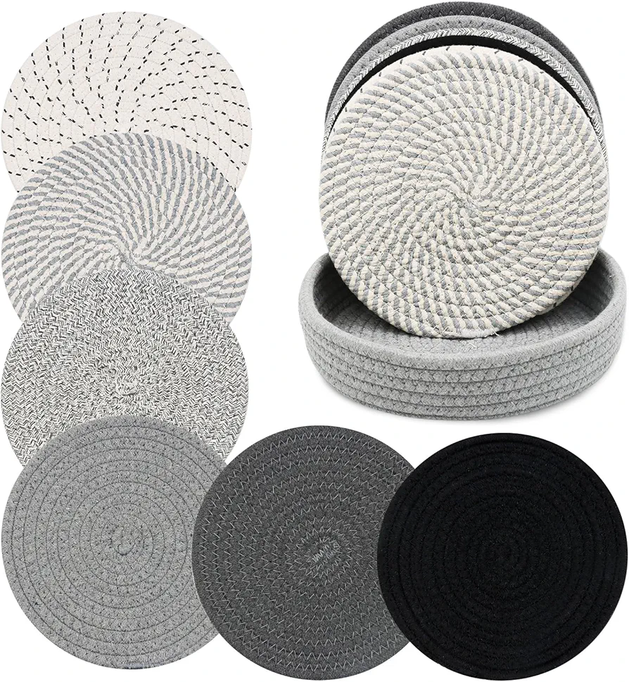 8" Trivets for Hot Dishes, 6 Pcs Heat Resistant Hot Pads Thick Heat Resistant Large Coaster for Kitchen and 1 Pcs Storage Basket for Kitchen Countertops, Table, Home