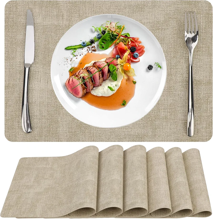 Gartful Place Mat for Kitchen Table, 6 Packs Washable Faux Leather Placemats, Stain Resistant and Easy Clean Table Mat for Countertop, Patio, Office Desk, 17"x11.8", Beige