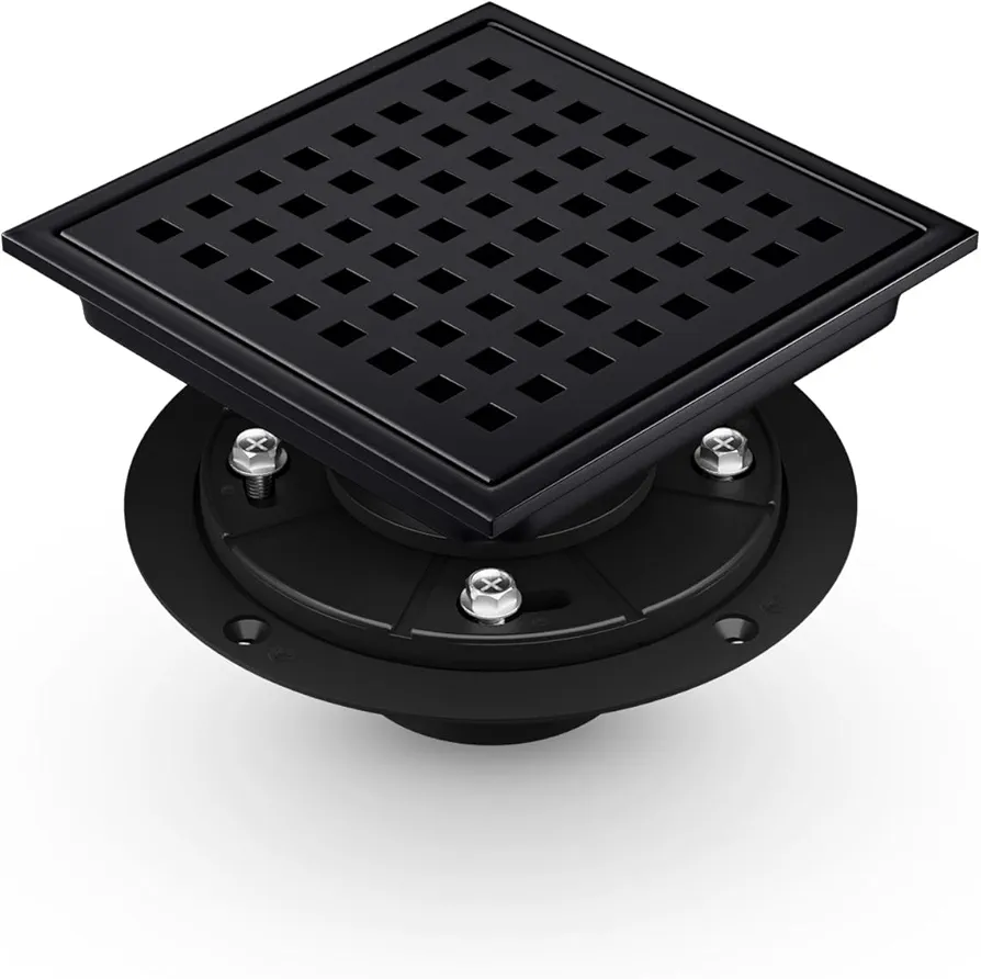 6 Inch Square Shower Drain, Black Shower Drain with Flange, Stainless Steel High Flow Shower Drain kit, Floor Drain with Removable Grid Cover