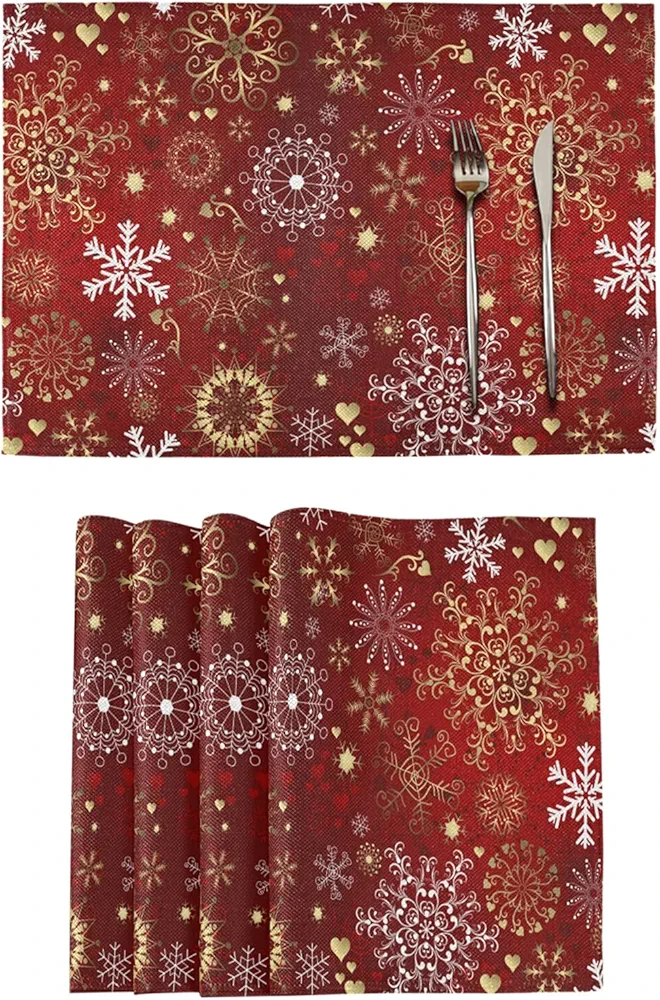 Christmas Placemats Set of 6 Christmas Gold White Snowflakes Table Mats for Dining Tables Burlap Double Sided Xmas Decoration