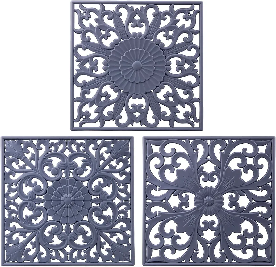 Silicone Trivet Mat for Hot Pots & Pans, Hot Dishes, Multi-Use Square Pot Holders, Versatile Heat Resistant Silicone Mat for Table, Durable & Flexible Hot Pad for Kitchen Counter Set 3 Grey
