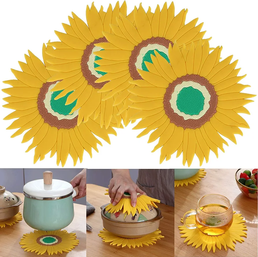 Set of 4 Silicone Trivets for Hot Pots and Pans Hot Dishes Mats Non-Slip Heat Resistant Pads for Table & Countertop Sunflower Coasters Kichen Decor