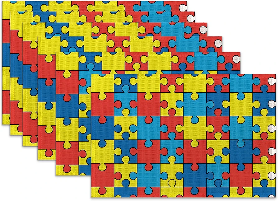 Autism Puzzle Pieces Placemats Set of 6,Blue Red Yellow Heat Resistant Table Mats Washable Place Mats for Party Kitchen Farmhouse Home Dining Holiday Decor 12x18 Inch