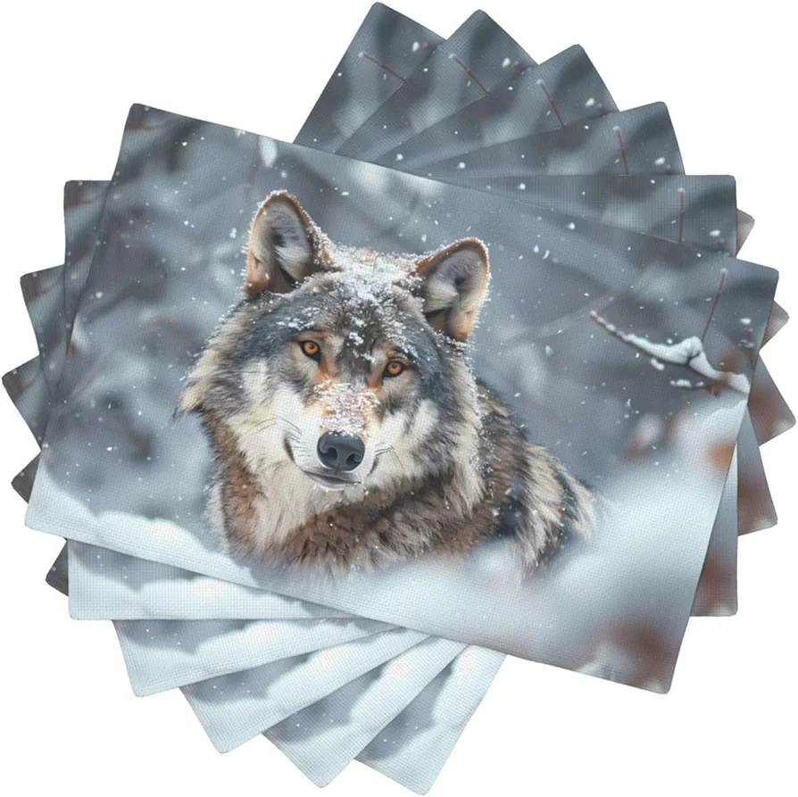 Majestic Snowy Wolf Placemats Set of 6, Heat Resistant Place Mats, Indoor/Outdoor Table Placemats Wipeable, Modern Washable Table Mats for Kitchen Dining Patio Farmhouse Table