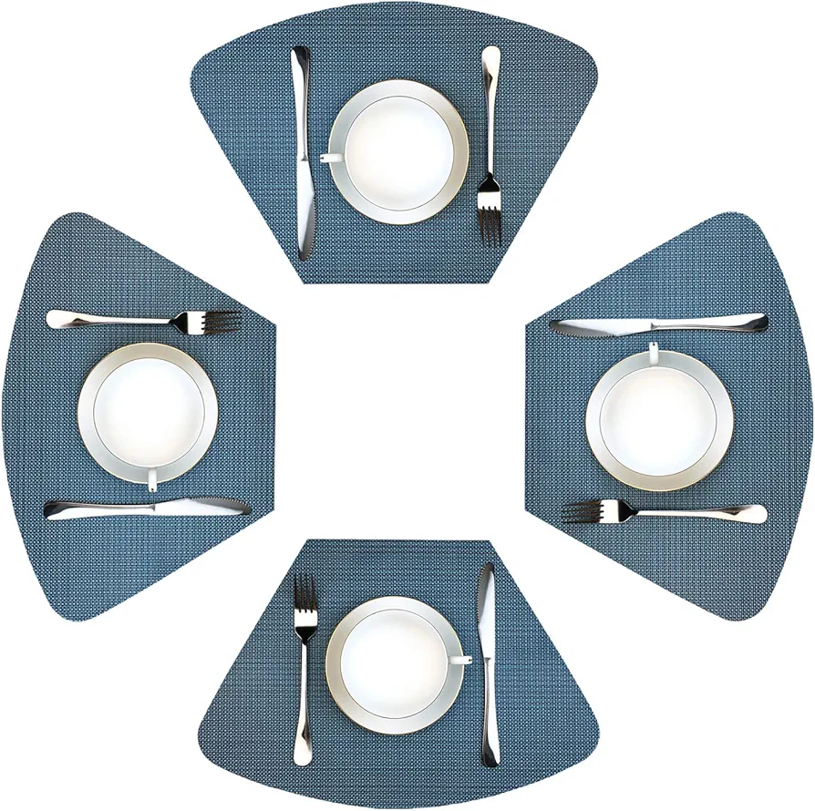 WAZAIGUR Wedge Placemats for Round Table Set of 4 Woven Vinyl Washable Placemat for Dining Table Heat Resistant Durablity Table Mats,Blue