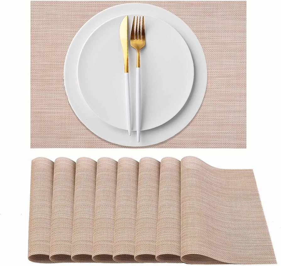 AHHFSMEI Placemats for Dining Table Set of 8 Woven Vinyl Plastic Place Mats Non-Slip Heat Insulation Stain Resistant Table Mats Washable Easy Clean Placemats (Linen Beige,8)