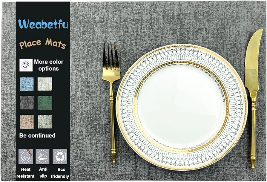 Weabetfu Faux Leather Heat Resistant Placemats Set of 6 Waterproof Wipeable PU Table Mats for Dining Table Washable Anti-Slip Place Mats for Indoor&Outdoor,Easy to Clean-Dark Grey