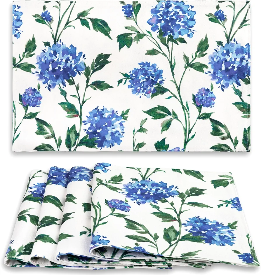 Watercolor Flowers Placemats Set of 4 for Dining Table, 12 x 18 Inch for Kitchen Decoration Vintage Elegant Double Layer Washable Heat Resistant Tablemats Rectangular Table Place Mats Blue