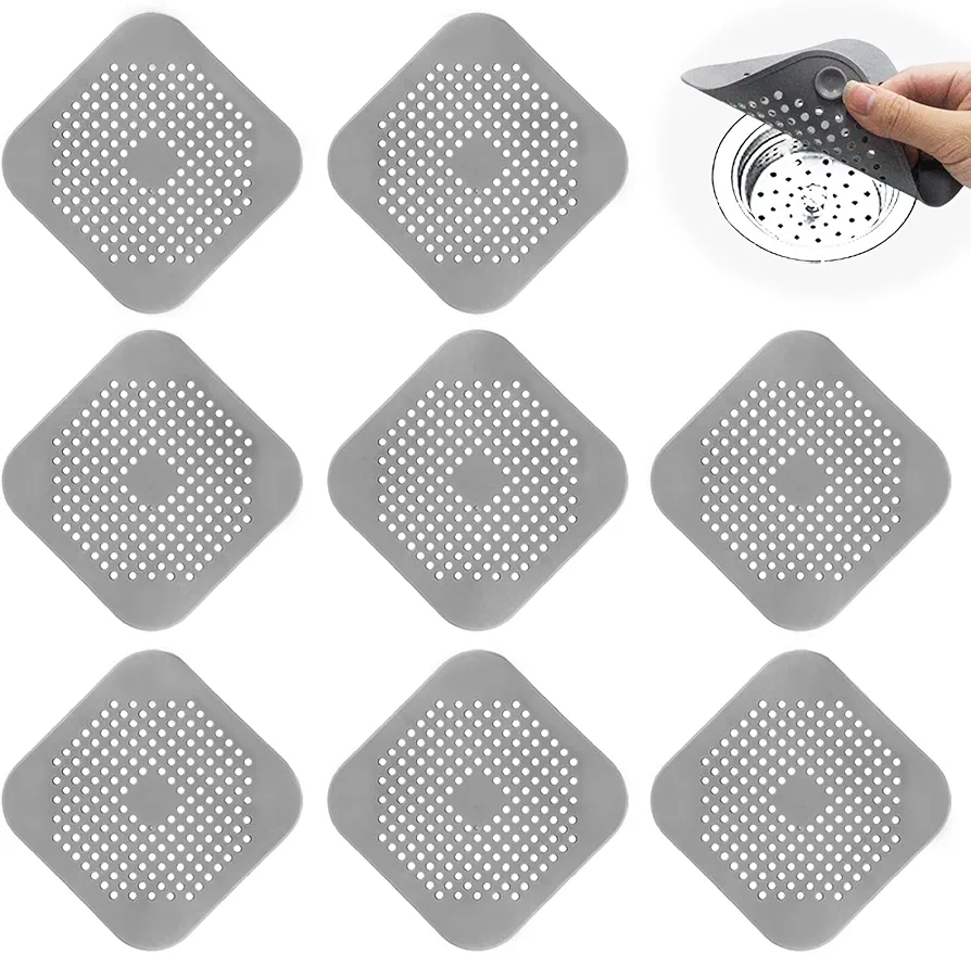 8 Pack Shower Drain Hair Catcher, Silicone Hair Catcher Shower Drain with Suction Cup, 5.5 Inch Shower Drain Catcher, Square Drain Cover Suitable for Bathroom, Bathtub, Kitchen (Grey)