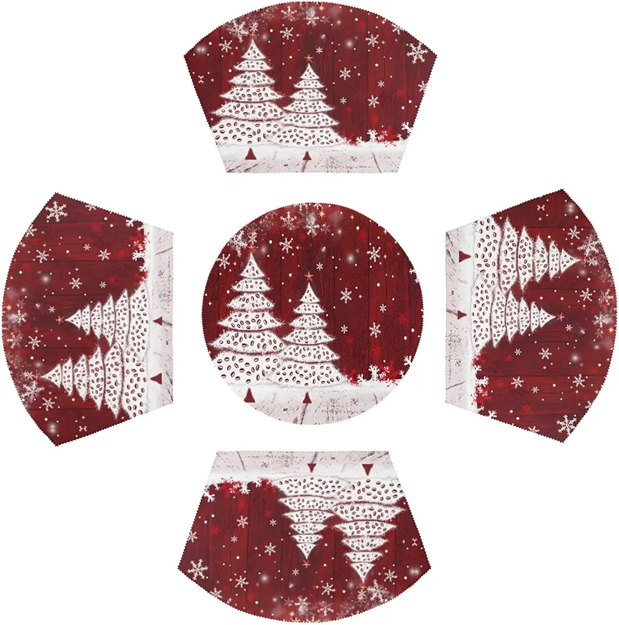 Christmas Tree Round Table Placemats Set of 4 Table Mats Xmas Winter Snoflakes Wooden Wedge Placemats with Centerpiece Heat Resistant Place Mats for Outdoor Indoor Kitchen Dinning Table Runner (5 Pcs)