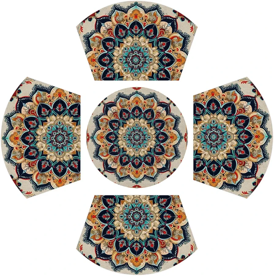 Mandala PVC Placemats for Round Table Set of 4 with Round Centerpiece Mat, Traditional European Style Wedge Table Mats Washable Heat Resistant Dining Table for Kitchen Indoor Outdoor Cloth Placemat
