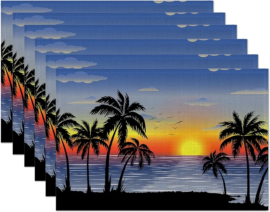 Tropical Landscape Placemats Set of 6,Palm Trees Sunset Seascape Exotic Linen Washable Kitchen Dining Table Mats Heat Resistant Place Mats for Home Party Indoor Holiday 12x18 Inch