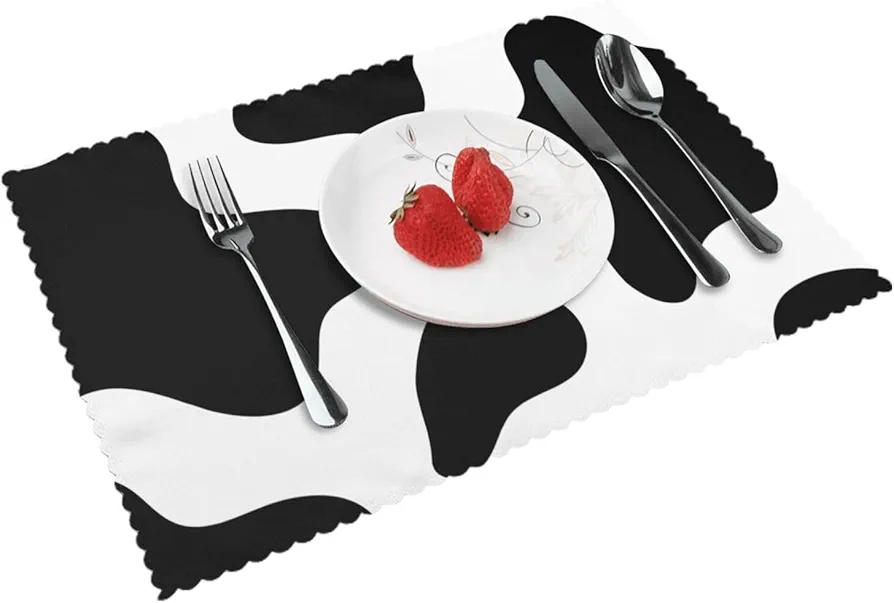 Black White Cow Print Stain Resistant Placemats Washable Table Mat Non-Slip Heat Resistant Place Mats 12x18 Inch for Party Dining Home Catering Decoration Set of 4