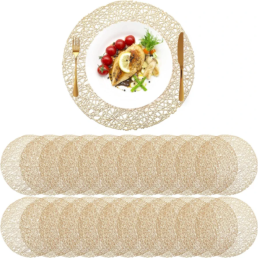 Sieral 24 Packs Gold Round Placemats 15 Inch Hollow Out Pressed Vinyl Place Mats Heat Resistant Woven Gold Placemats for Christmas Dinner Table Winter Holiday Party Wedding Centerpiece Decoration