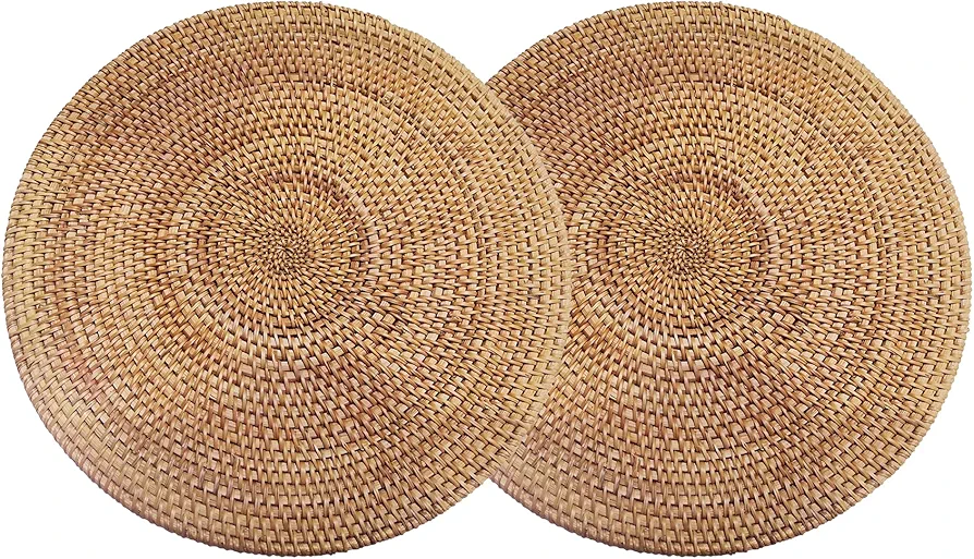 Set of 2 Round Rattan Placemat Natural Hand-Made Rattan Heat-Resistant Placemat Insulation Pad Rattan Trivets (Round 11.8x11.8INCH), Honey Brown