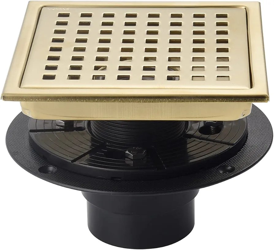 6 Inch Shower Drain Brushed Gold with Adjustable Shower Drain Base Flange SUS304 Stainless Steel Floor Drain Cover Removable Mesh Grille