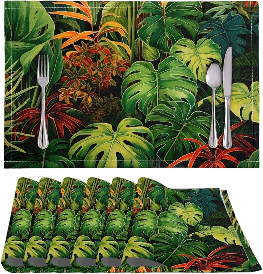 Placemat Kitchen Table Mats 6Pcs Set, Insulation Heat-Resistant Placemats for Outdoor Indoor Home Party Farmhouse Easter Day Decoration, Tropical Monstera Leaf