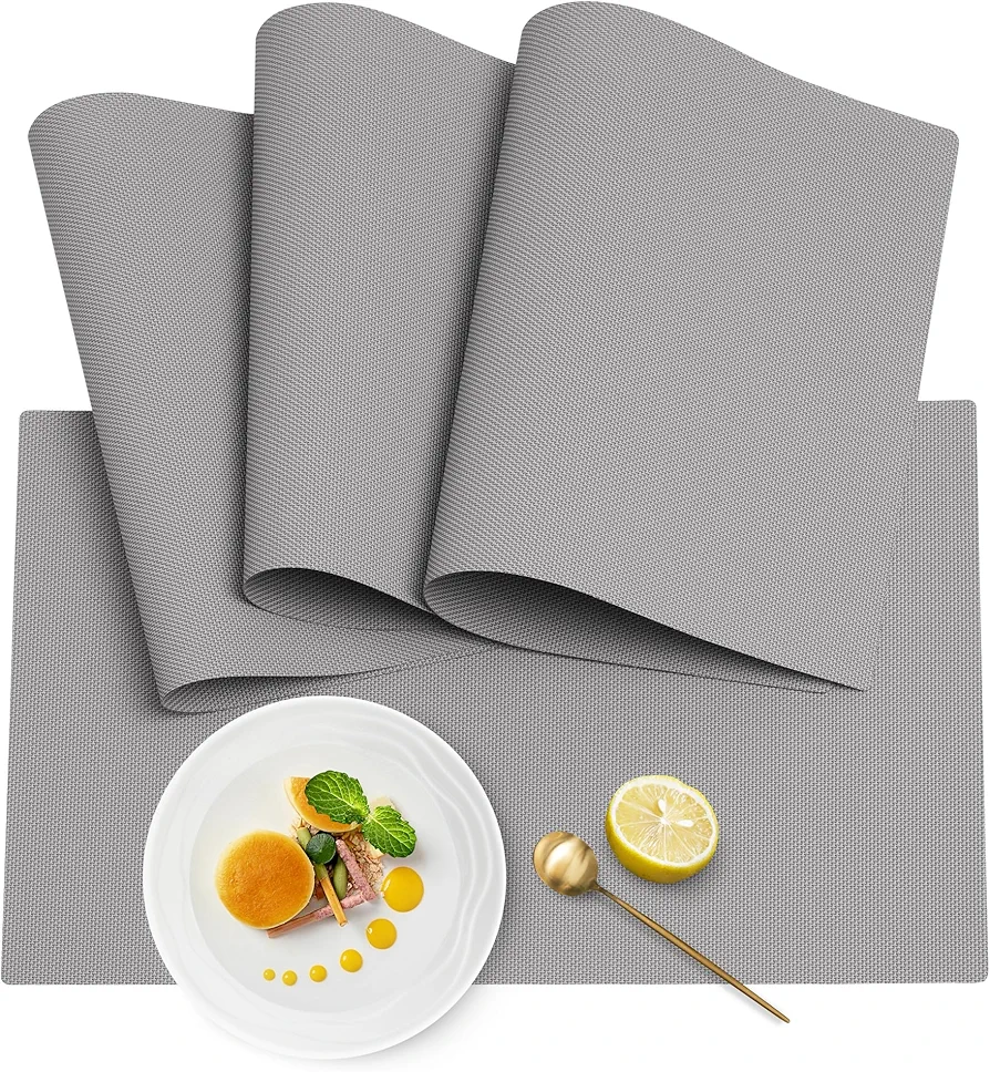Placemats Set of 4, Stain-Proof Food Grade Place Mats for Dining Table, Easy Clean Wipeable Woven Table Mats, Durable Heat-Resistant Placemat for Home/Outdoor (Light Grey)