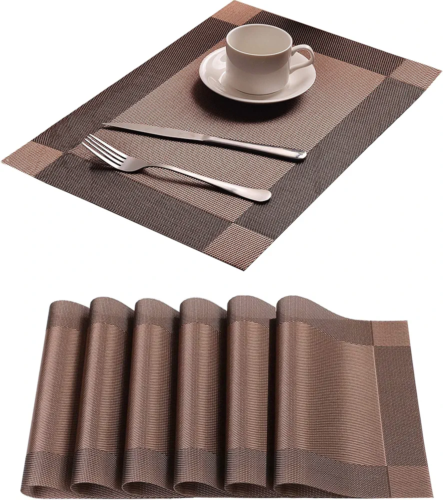 Table Placemats Dining Table Place Mats Set of 6 Heat Resistant Insulation Non-Slip Vinyl for Kitchen Dining Room 18" * 12" Brown