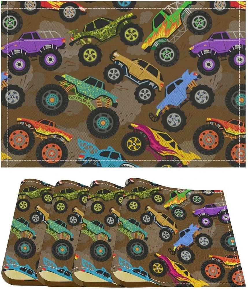 Colorful Monster Truck Place Mats Indoor Set of 4 Cartoon Cars Heat-Resistant Placemat Washable Non-Slip Dining Table Place Mats for Kitchen Table 18x12 Inch