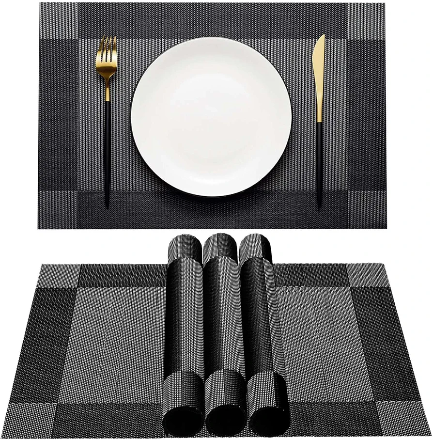 AHHFSMEI Placemats for Dining Table Set of 4 Woven Vinyl Plastic Place Mats Non-Slip Heat Insulation Stain Resistant Table Mats Washable Easy Clean Placemats (Black Corner,4)