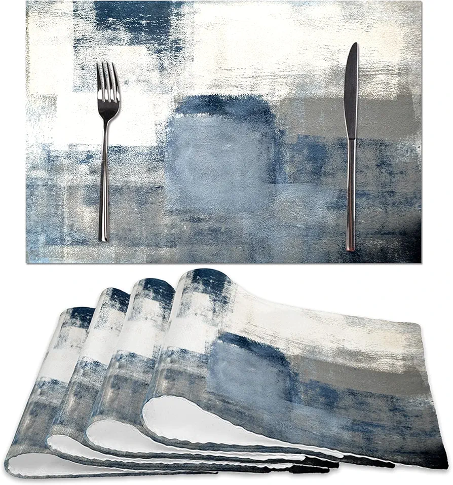 Blue Abstract White and Grey Modern Art Placemats Set of 4, Heat Resistant Non-Slip Artwork Dining Placemats, Washable Place Mats for Home Kitchen (18"X12")