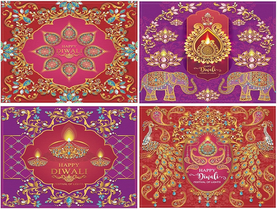 Rtteri Happy Diwali Placemats Set of 4, 12 x 18'' Diwali Heat Resistant Table Mats Red Gold Anti Slip Easter Place Mats Vintage Washable Table Place Mats for Kitchen Dining Home Decoration