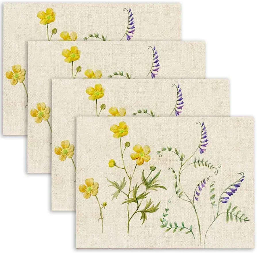 Mrcrypos Watercolor Botanical a Flower Yellow Buttercup Mouse Dots 12x18 Inch Placemats Set of 4 Linen Table Mats Easy to Clean Heat-Resistant Placemats for Dining Table Kitchen Decor Outdoor